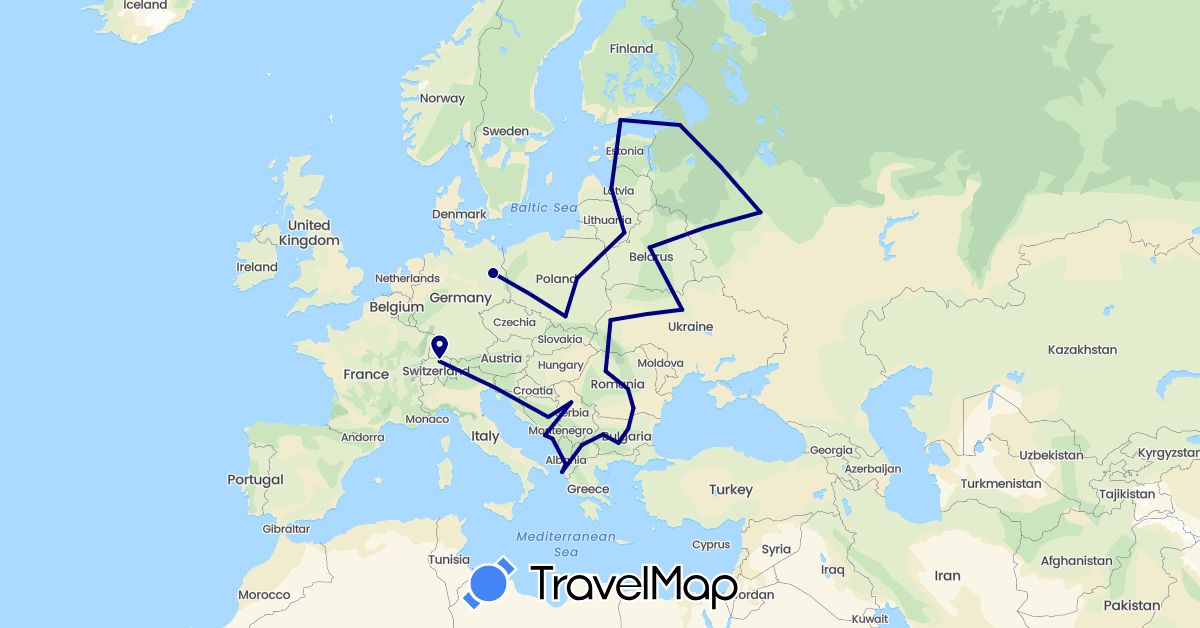 TravelMap itinerary: driving in Albania, Bosnia and Herzegovina, Bulgaria, Belarus, Switzerland, Germany, Estonia, Finland, Croatia, Lithuania, Latvia, Montenegro, Macedonia, Poland, Romania, Serbia, Russia, Ukraine (Europe)